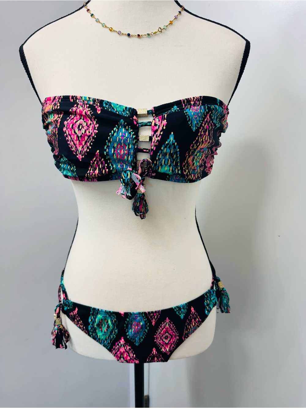 Black Bandeau Bikini with Pink & Teal Aztec Print S/M - Picture 2 of 5